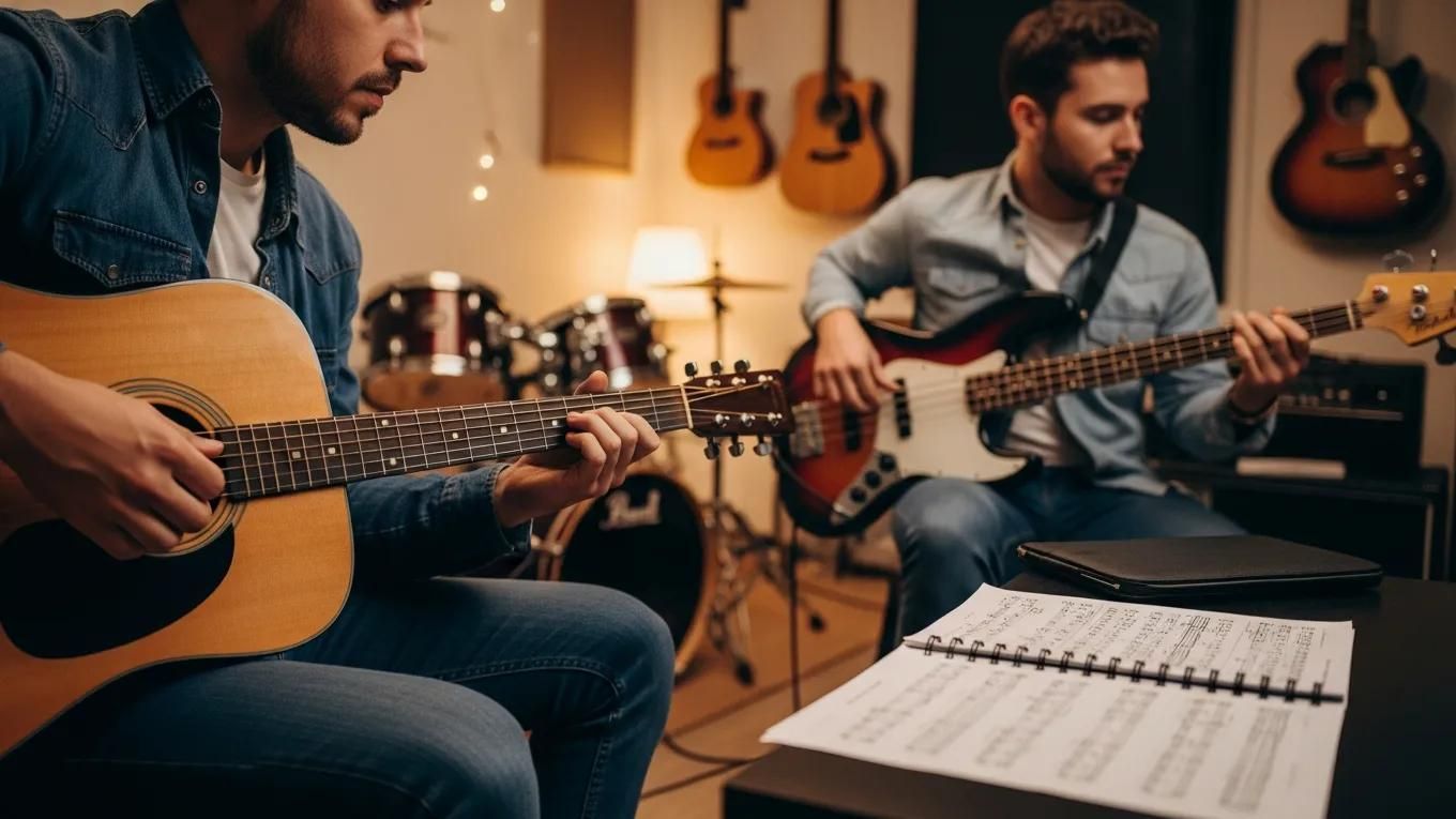 Two musicians playing guitars in a music studio, Mobile Music Academy lessons in Nashville, TN.