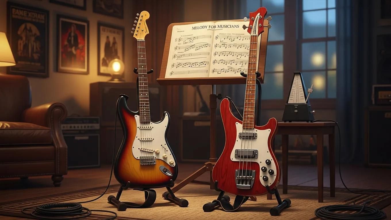 Guitar and bass instruments for music lessons and education.