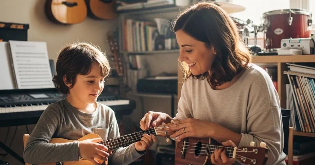Child receiving private ukulele instruction from a teacher in a cozy music studio, promoting accessible music education at the Mobile Music Academy.